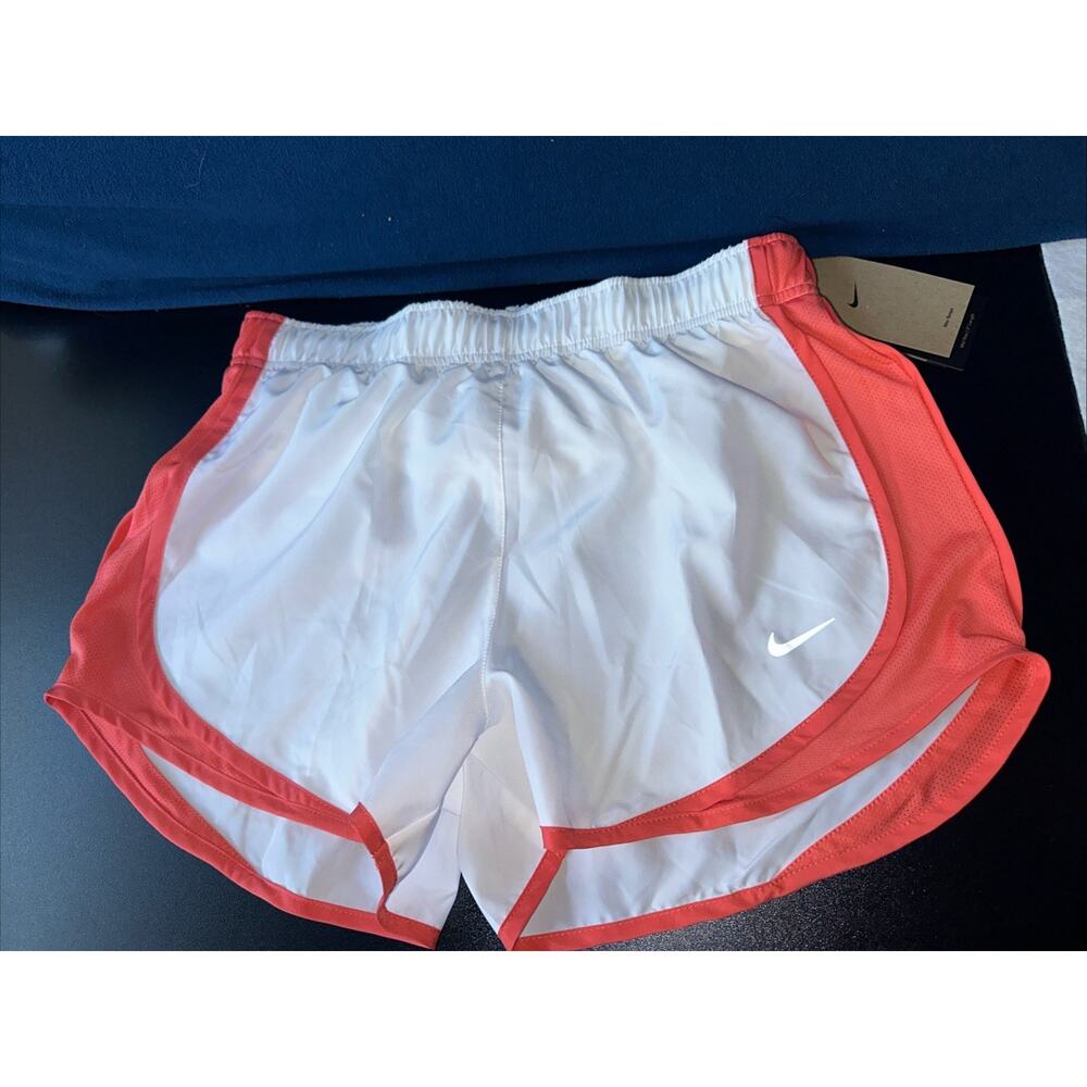 Nike Dri Fit Tempo Shorts Womens Medium White Canyon Logo Brief Lined Mid Rise